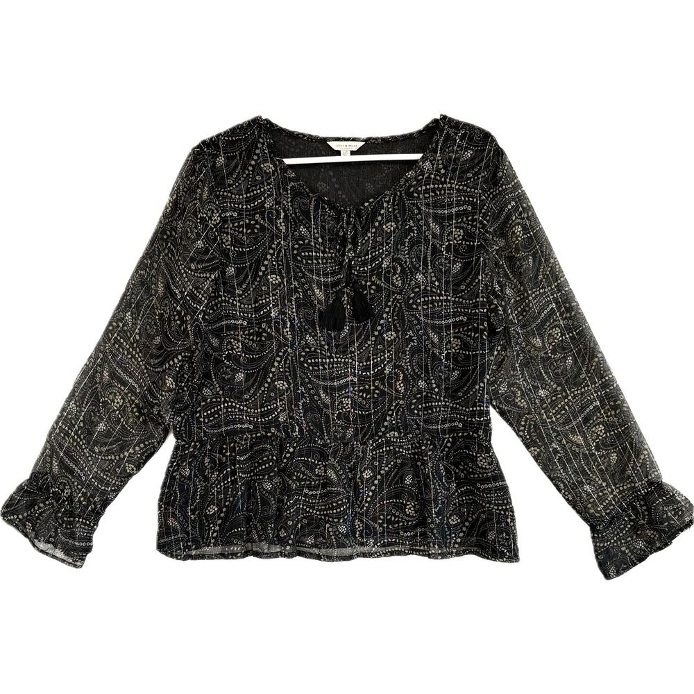LUCKY BRAND Black and Gold Lightweight Blouse Top Women's Size L